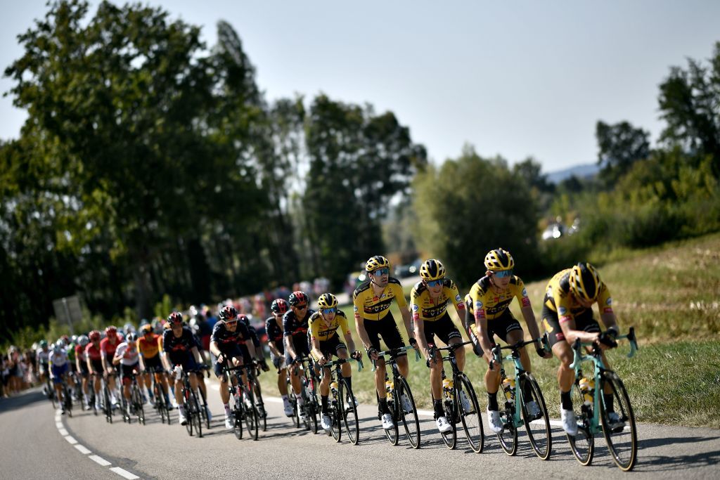 Team Jumbo Visma riders lead the pack during the 15th stage of the 107th edition of the Tour de France cycling race 175 km between Lyon and Grand Colombier on September 13 2020 Photo by Marco Bertorello AFP Photo by MARCO BERTORELLOAFP via Getty Images