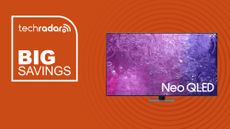 Samsung Neo QLED 4K QN90C TV on orange background with big savings sign