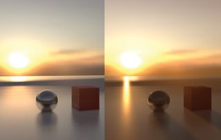 A pair of spheres and cubes in a sunset scene to demonstrate lighting