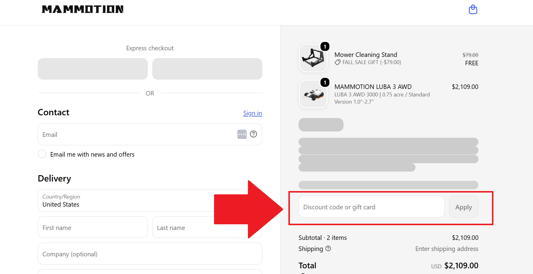 A screenshot showing the mammotion checkout page and where to enter a mammotion discount code