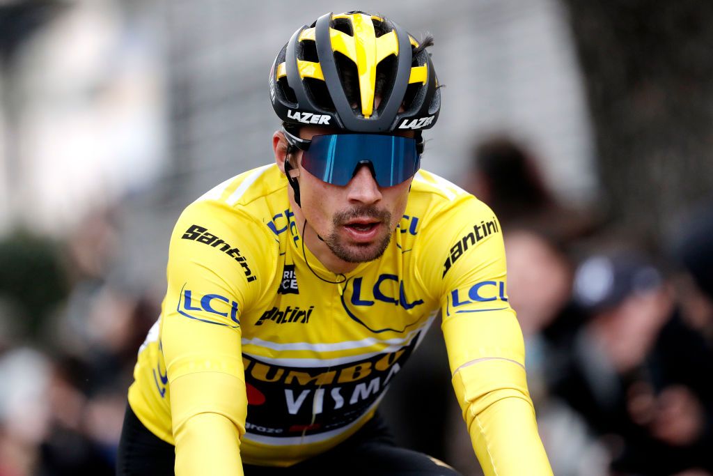 AUBAGNE FRANCE MARCH 11 Primoz Roglic of Slovenia and Team Jumbo Visma Yellow Leader Jersey crosses the finish line during the 80th Paris Nice 2022 Stage 6 a 2136km stage from Courthzon to Aubagne ParisNice WorldTour on March 11 2022 in Aubagne France Photo by Bas CzerwinskiGetty Images