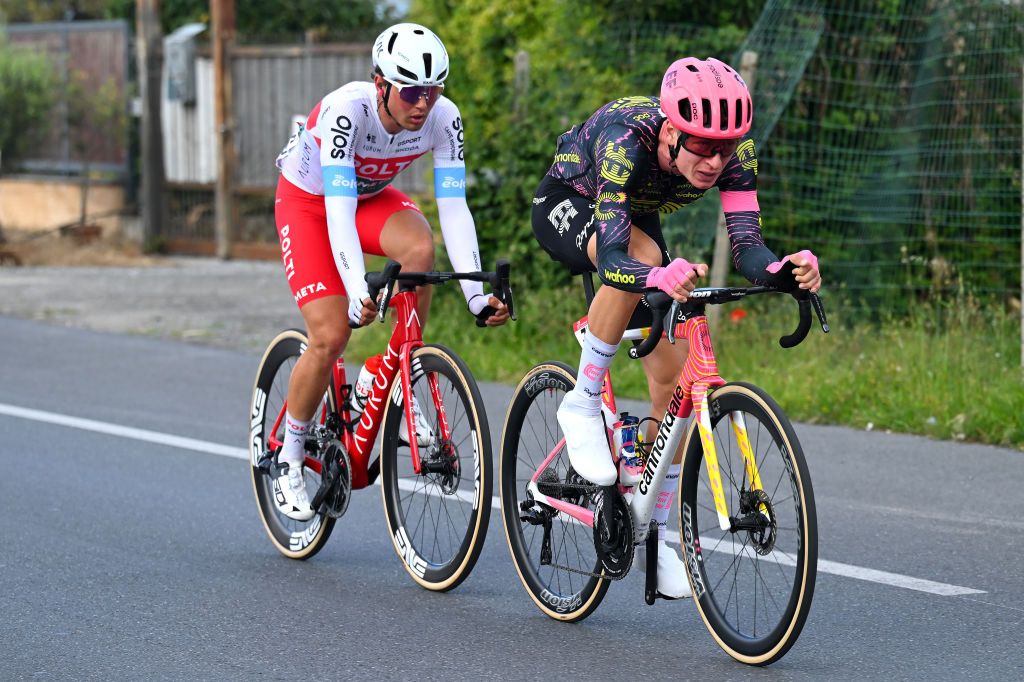 ANDORA ITALY MAY 07 LR Francisco Muoz of Spain and Team Polti Kometa and Stefan de Bod of South Africa and Team EF Education EasyPost compete in the breakaway during the 107th Giro dItalia 2024 Stage 4 a 190km stage from Acqui Terme to Andora UCIWT on May 07 2024 in Andora Italy Photo by Tim de WaeleGetty Images