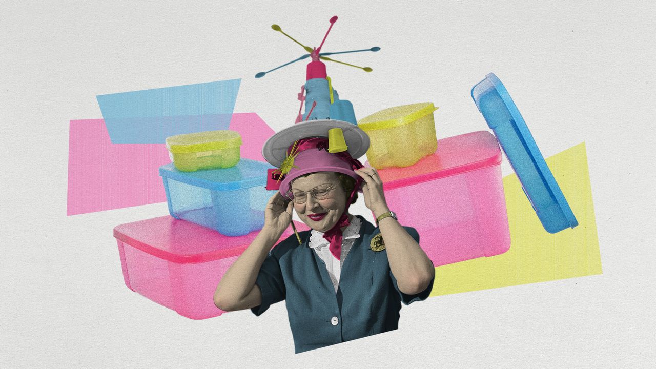 Photo collage of a woman at a Tupperware party wearing a fanciful hat made of different Tupperware pieces, and various plastic containers around her