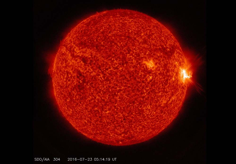 NASA&#039;s Solar Dynamics Observatory sees a mid-level M7.6 solar flare (visible as the bright flash on the right side of the sun) in this view from July 23, 2016. So far, it is the strongest solar flare of 2016.