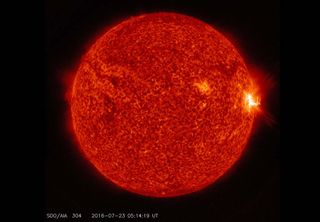 NASA's Solar Dynamics Observatory sees a mid-level M7.6 solar flare (visible as the bright flash on the right side of the sun) in this view from July 23, 2016. So far, it is the strongest solar flare of 2016.