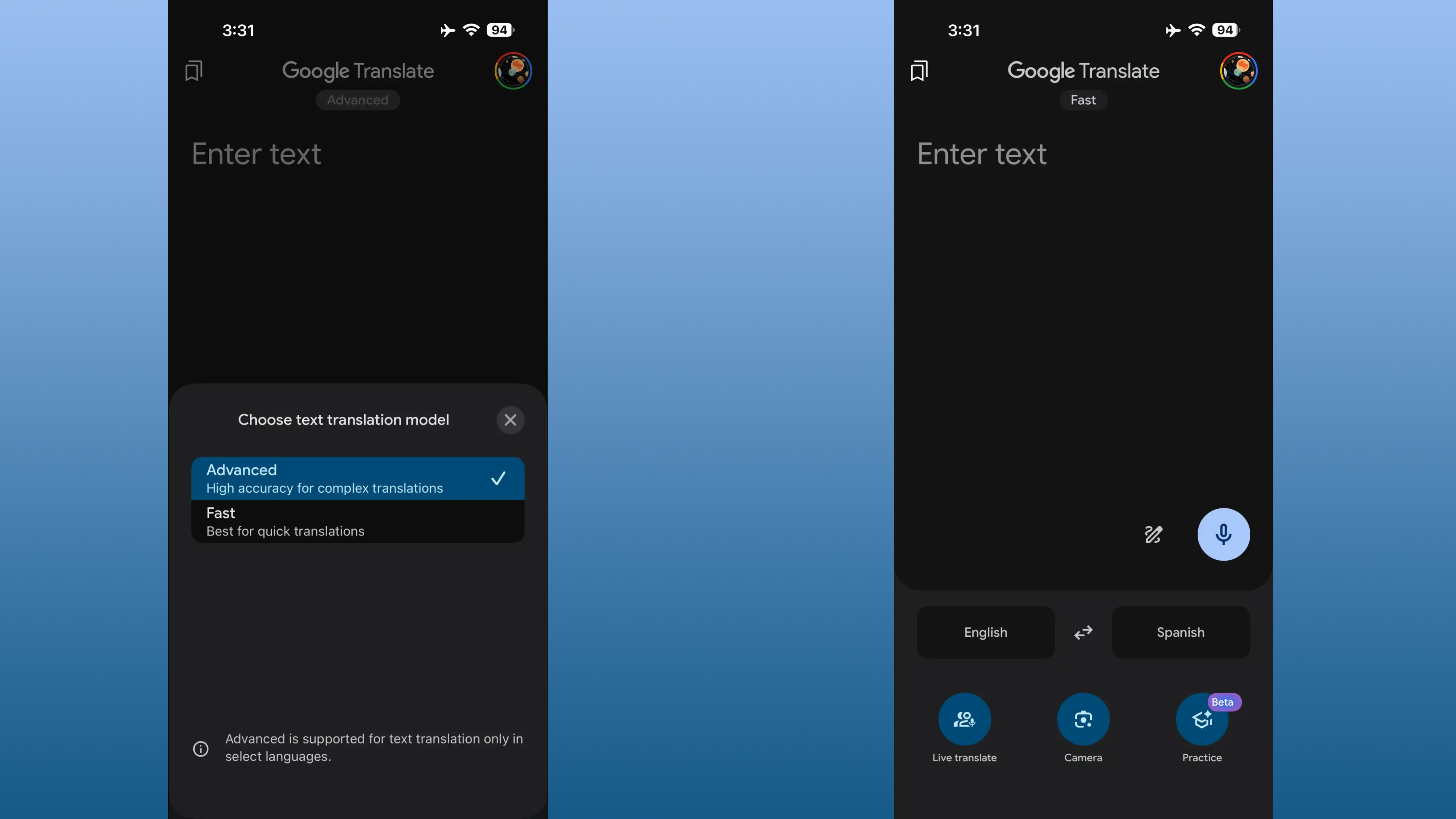 Screenshots of the new model picker in Google Translate.