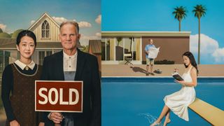 A split image showing two people in American Gothic style holding a "SOLD" sign on the left, and the same two people next to a pool in a mid-century modern scene on the right.