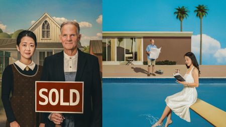 A split image showing two people in American Gothic style holding a "SOLD" sign on the left, and the same two people next to a pool in a mid-century modern scene on the right.