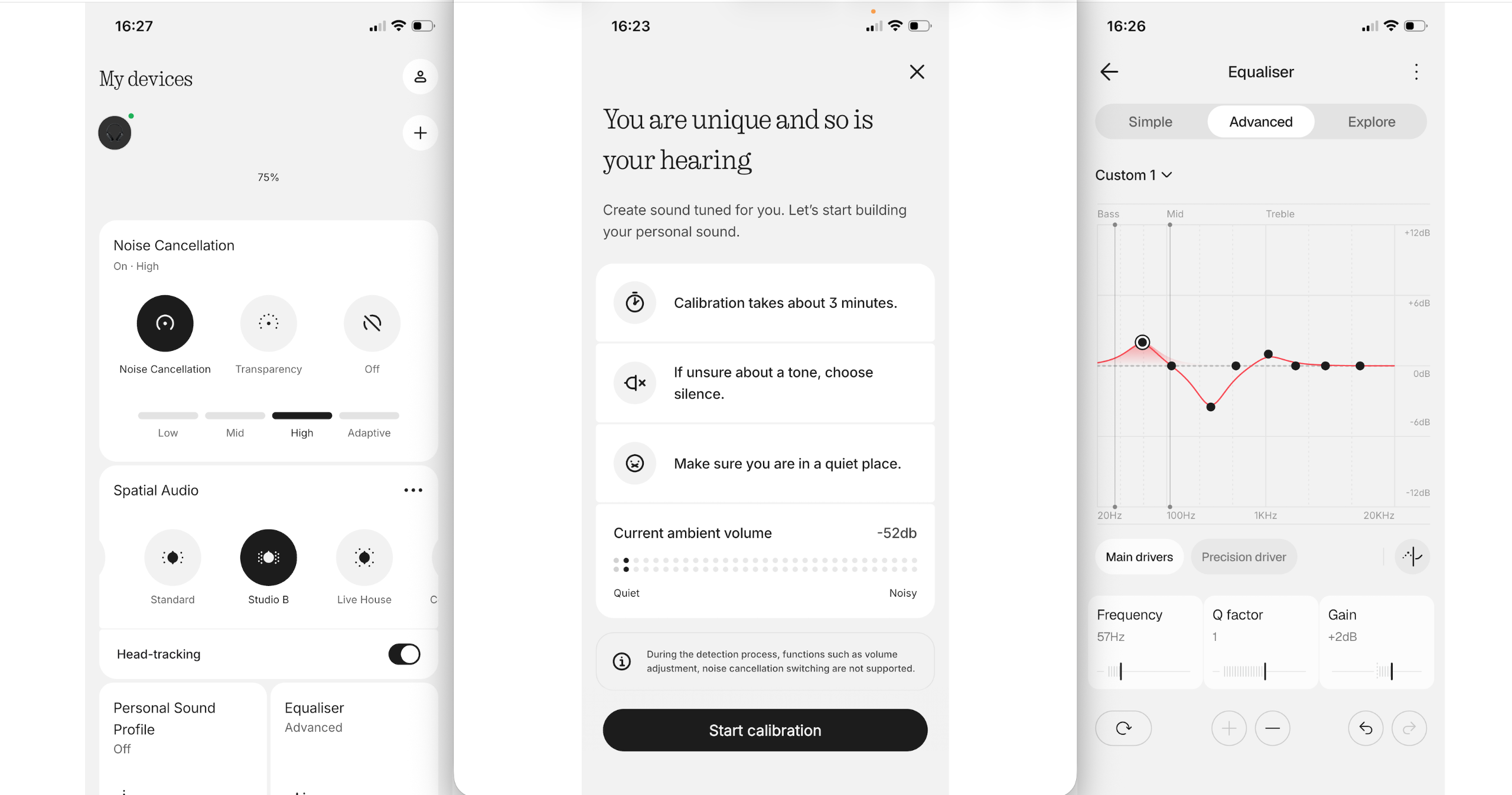 Screen-grabs of the Nothing X app, showing the features within Nothing Headphone (1) Pro
