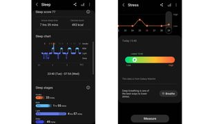 Screenshots from the Samsung Health App showing sleep and stress data from our review