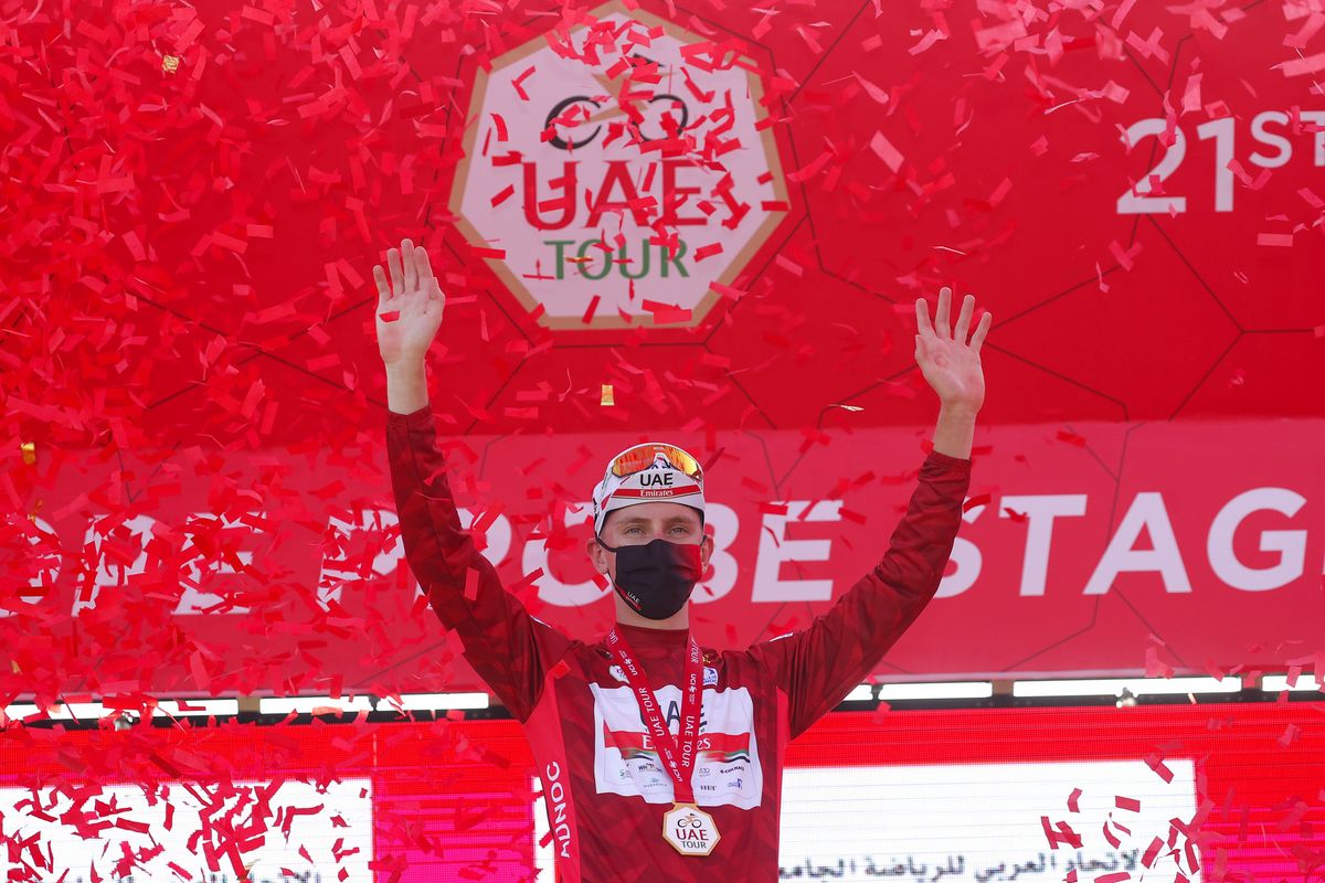 Tadej Pogacar in the UAE Tour leader's jersey