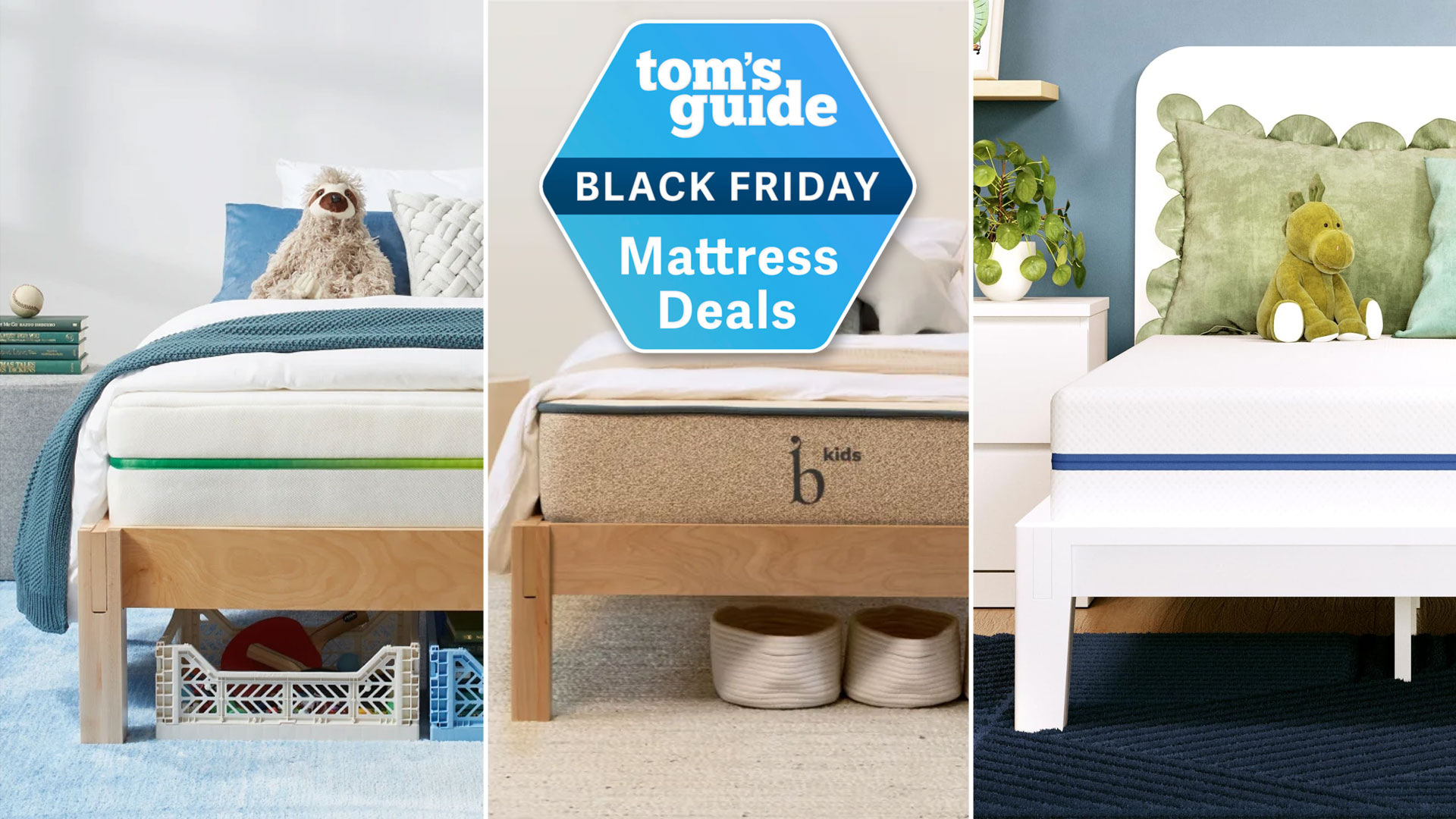 Composite image of the Helix, Birch and Nectar kids mattresses with a Tom&#039;s Guide Black Friday Mattress Deals badge overlaid