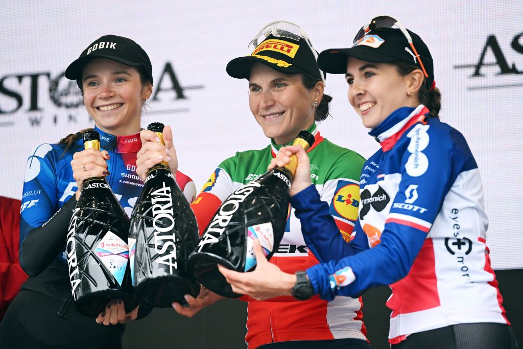 SAN LUCA ITALY OCTOBER 05 EDITORS NOTE Alternate crop LR Evita Muzic of France and Team FDJ SUEZ on second place race winner Elisa Longo Borghini of Italy and Team LidlTrek and Juliette Labous of France and Team dsmfirmenich PostNL on third place pose on the podium ceremony after the 11th Giro dellEmilia Internazionale Donne Elite 2024 a 1138km one day race from Vignola to Bologna San Luca 267m on October 05 2024 in San Luca Italy Photo by Dario BelingheriGetty Images