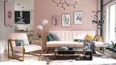A small living room with pink microfiber couch and framed wall art by Wayfair