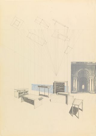 These themes are the 'house', the 'mentor' and the 'archive'. Pictured here, one of Kieckens' sketches, entitled 'Meubilair 1988-1990’