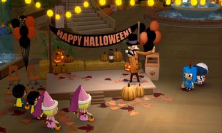 Screenshot from Costume Quest, showing the characters around a stand that reads 'Happy Halloween!'