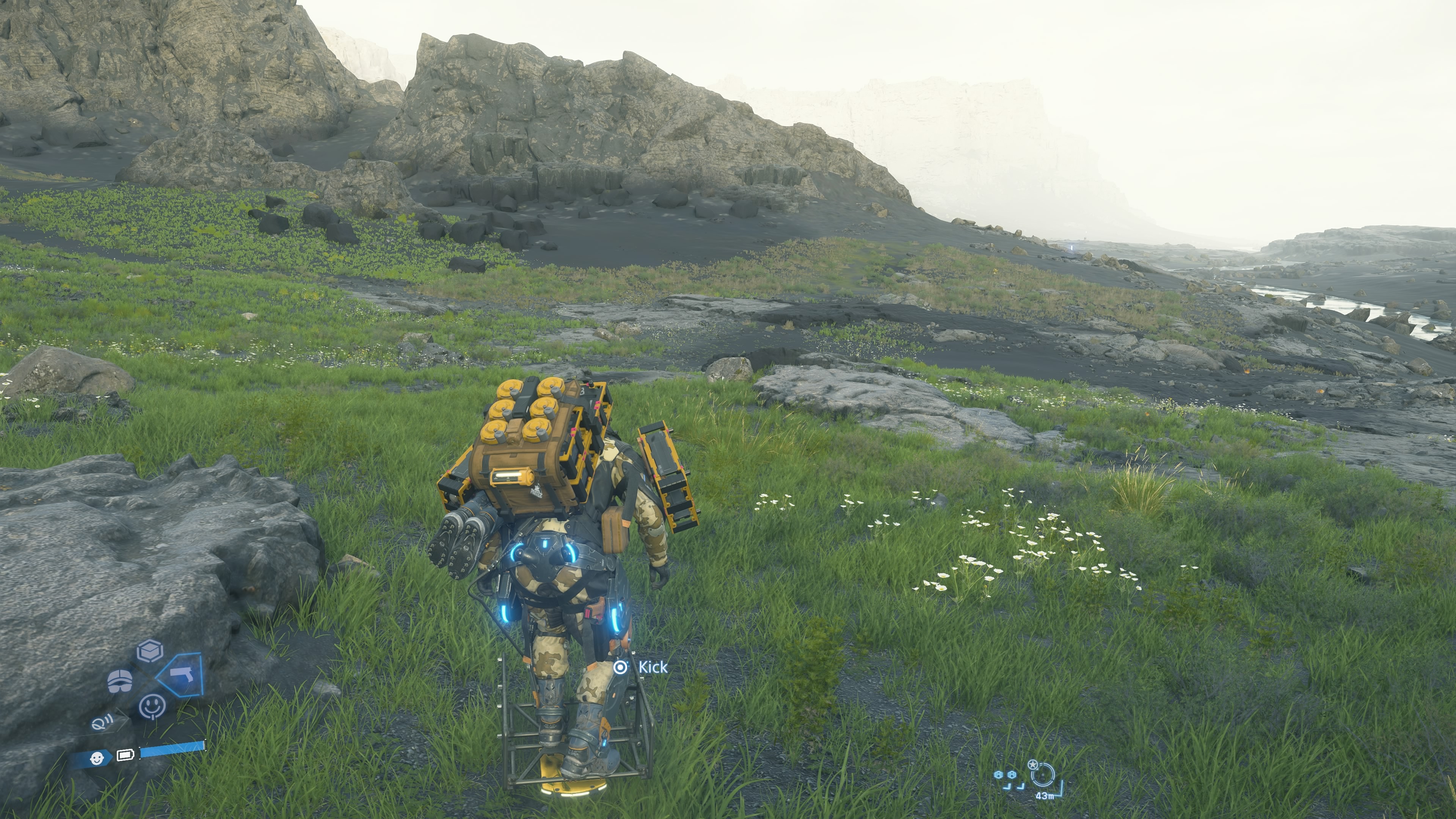 Death Stranding 2 vehicles: Sam riding a floating carrier across a grassy plain.