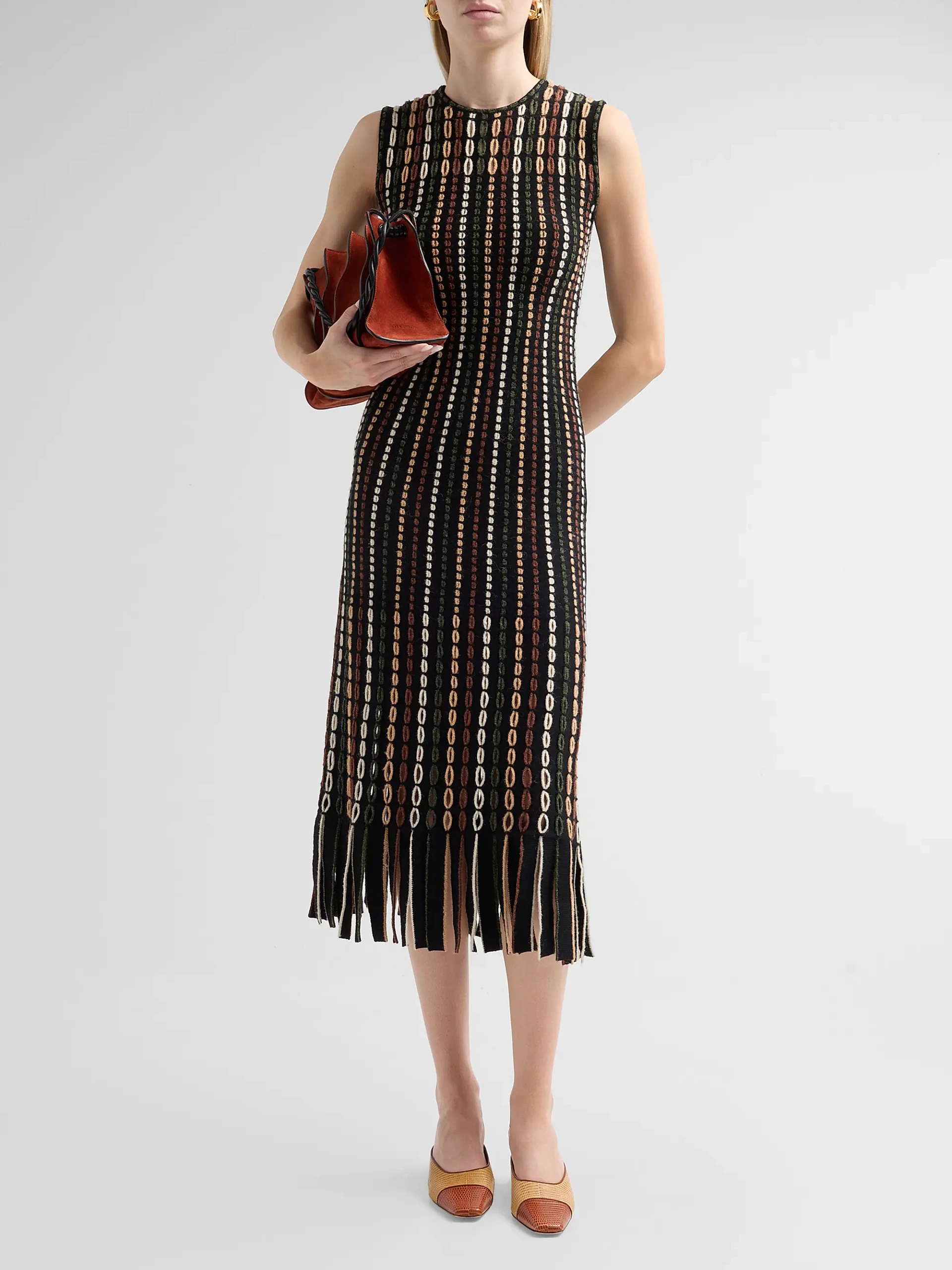 Amina Fringed Float-Stitch Knit Wool-Blend Midi Dress