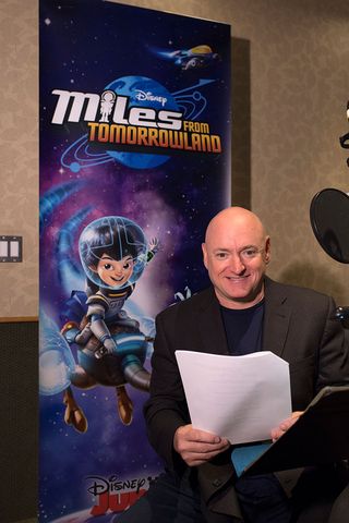 Former NASA astronaut Scott Kelly is seen recording his lines for Disney Junior's "Mission Force One" episode "The Space Station Situation."