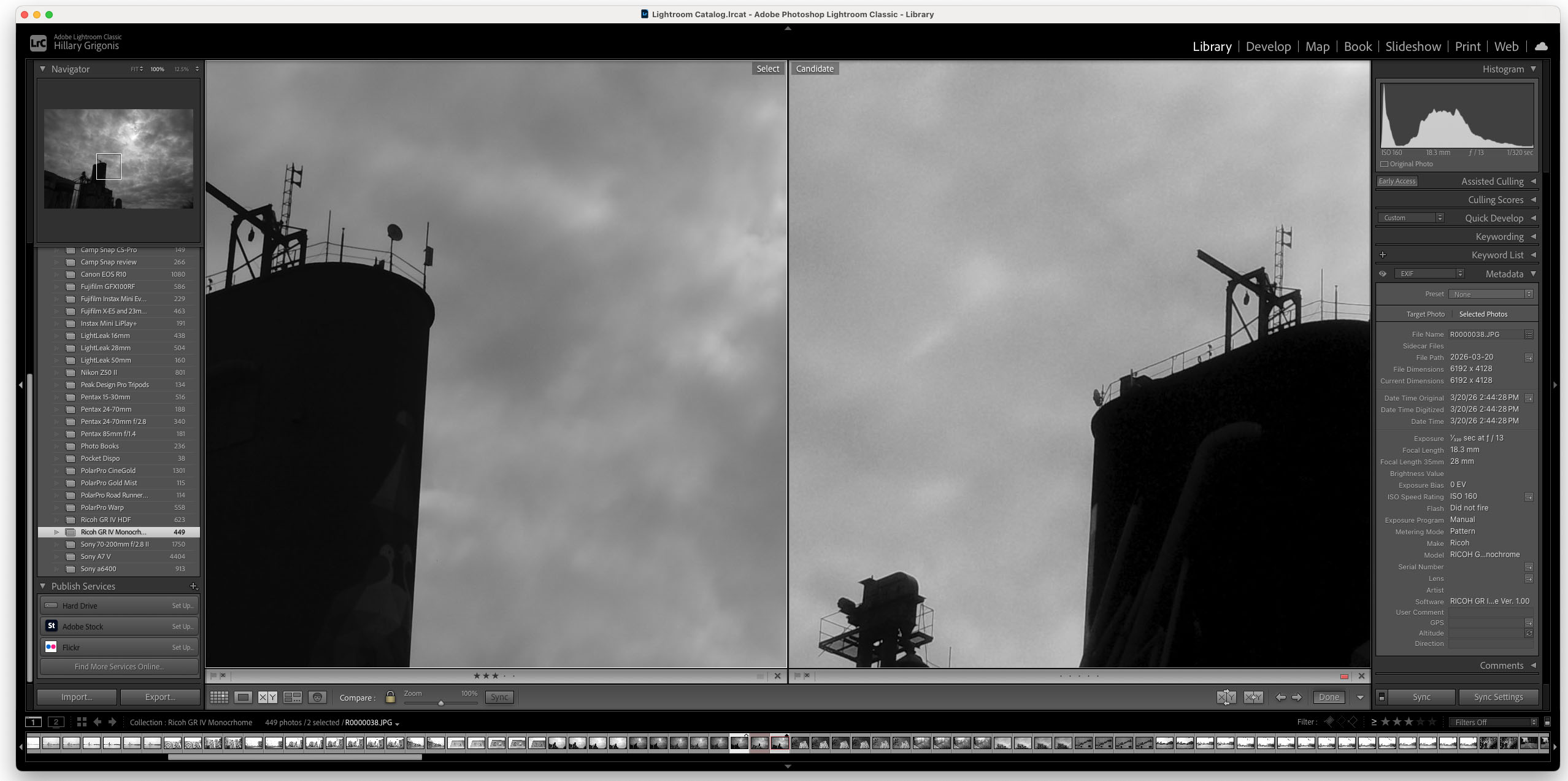 A Lightroom screenshot of images from the Ricoh GR IV HDF and GR IV Monochrome side-by-side