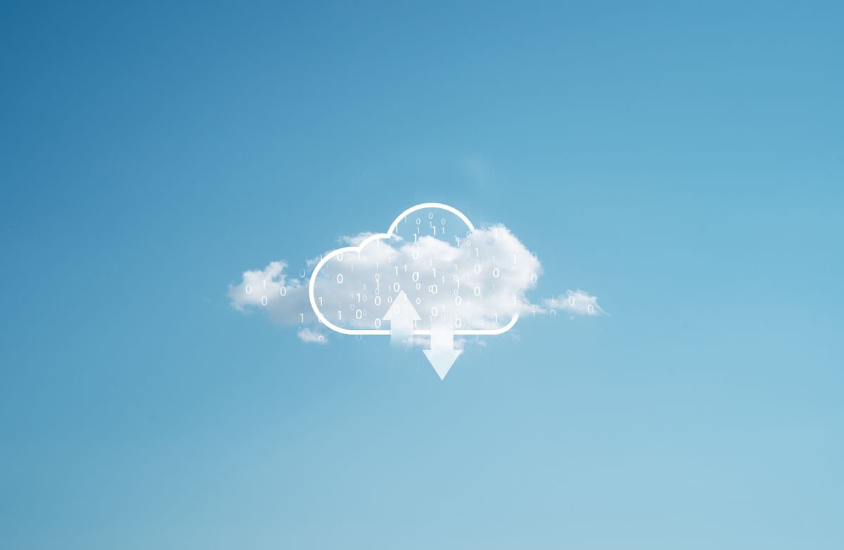 Microsoft AI Cloud Partner Program: Image of the sky with a single cloud in the middle. Overlaid is some binary code in white and arrows pointing up and down, denoting a digital exchange of data