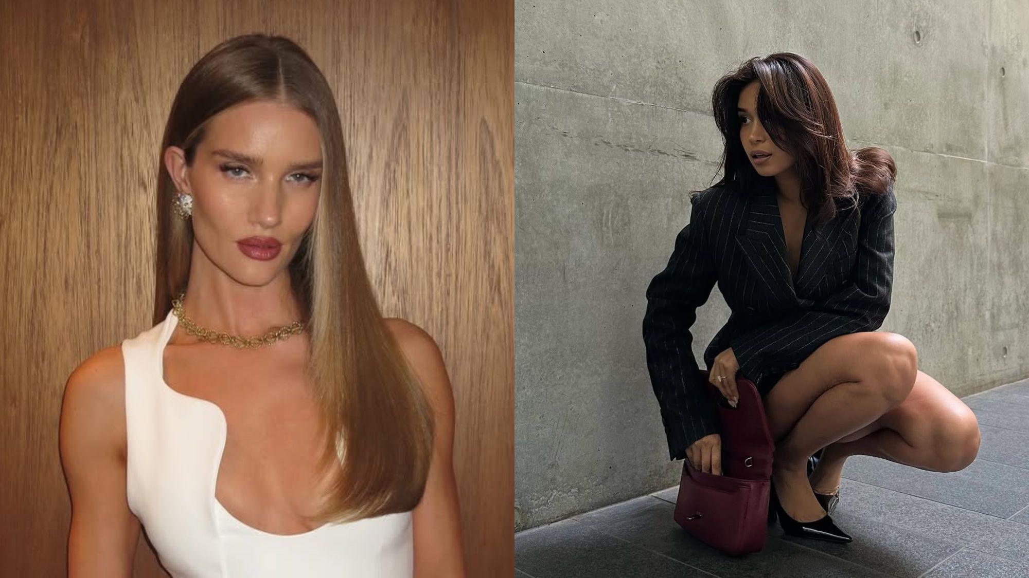 Rosie Huntington-Whiteley and Mishti Rahman posing with straight hairstyles.
