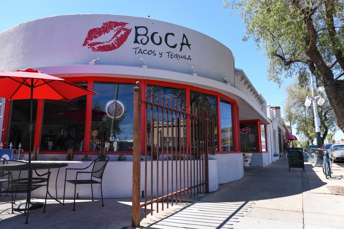 The white exterior of BOCA Tacos Y Tequila in downtown Tucson, Arizona