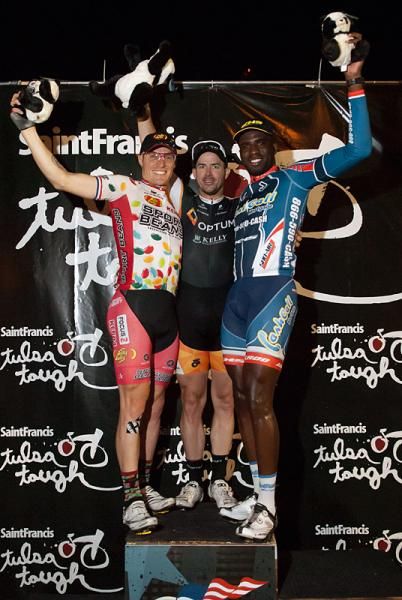 Men's podium at the 2012 Tulsa Tough Blue Dome Criterium (l-r): Brad Huff (Jelly Belly), 3rd; Ken Hanson (Optum Pro Cycling p/b Kelly Benefit Strategies), 1st; Justin Williams (CashCall Mortgage), 2nd