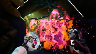 The player faces a cloud of bright pink and orange smoke