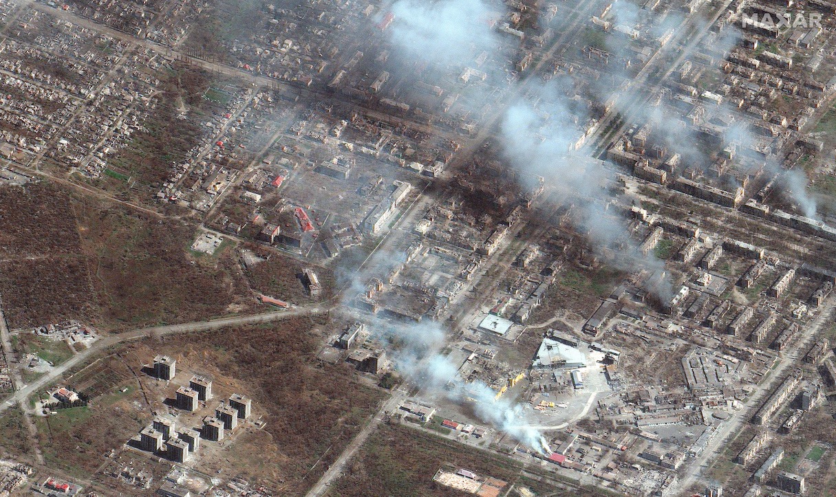 Burning buildings on the eastern side of the Ukrainian city of Mariupol, photographed by Maxar Technologies' GeoEye-1 satellite on April 6, 2022.