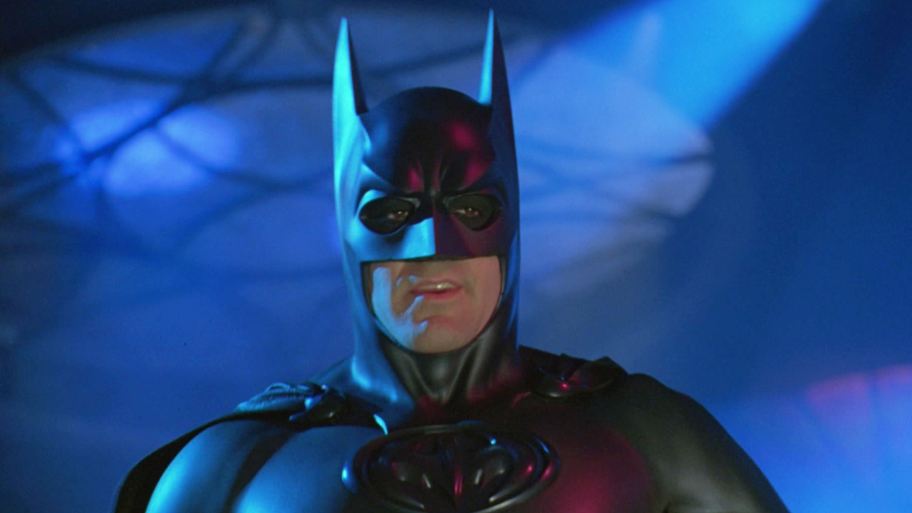 George Clooney donning the Batman Cowl in Batman & Robin