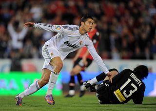Cristiano Ronaldo celebrates a goal for Real Madrid against Mallorca in May 2010.
