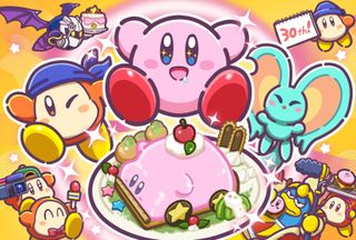 Kirby 30th birthday artwork showing Kirby and friends dancing by a cake