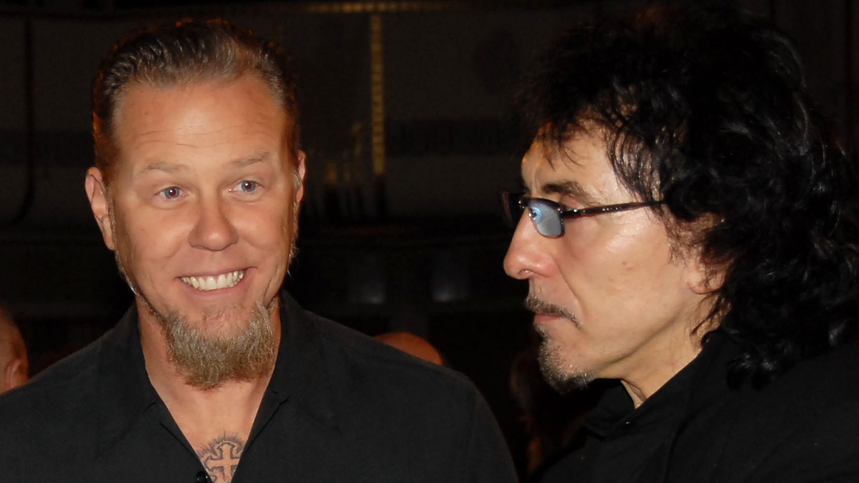 Kirk Hammett and James Hetfield of Metallica with Tony Iommi of Black Sabbath, inductee, 2006