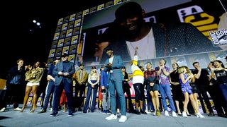 Marvel boss Kevin Feige and Blade actor Mahershala Ali take the applause during Marvel's Hall H panel at 2019's Comic Con