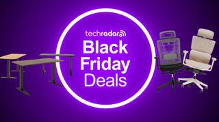 FlexiSpot chairs and desks above a TechRadar Black Friday background