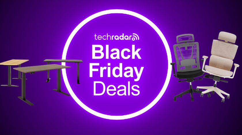 FlexiSpot chairs and desks above a TechRadar Black Friday background