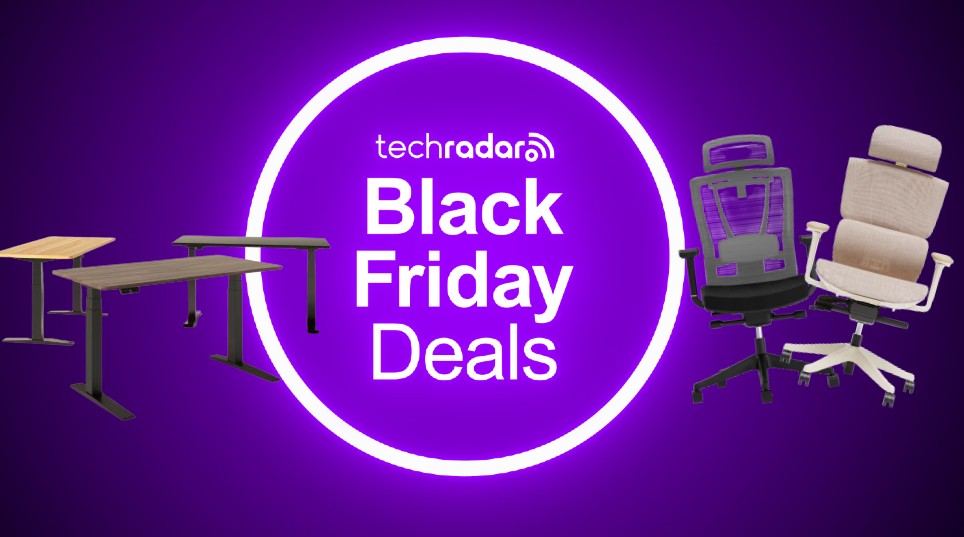 FlexiSpot chairs and desks above a TechRadar Black Friday background