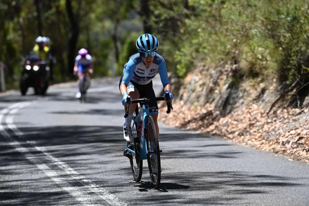 URAIDLA AUSTRALIA JANUARY 16 Amanda Spratt of Australia and Trek Segafredo attacks during the 7th Santos Womens Tour Down Under 2023 Stage 2 a 90km stage from National Motor Museum Car Park Birdwood to Greenhill Road Uraidla TourDownUnder UCIWWT on January 16 2023 in Uraidla Australia Photo by Tim de WaeleGetty Images