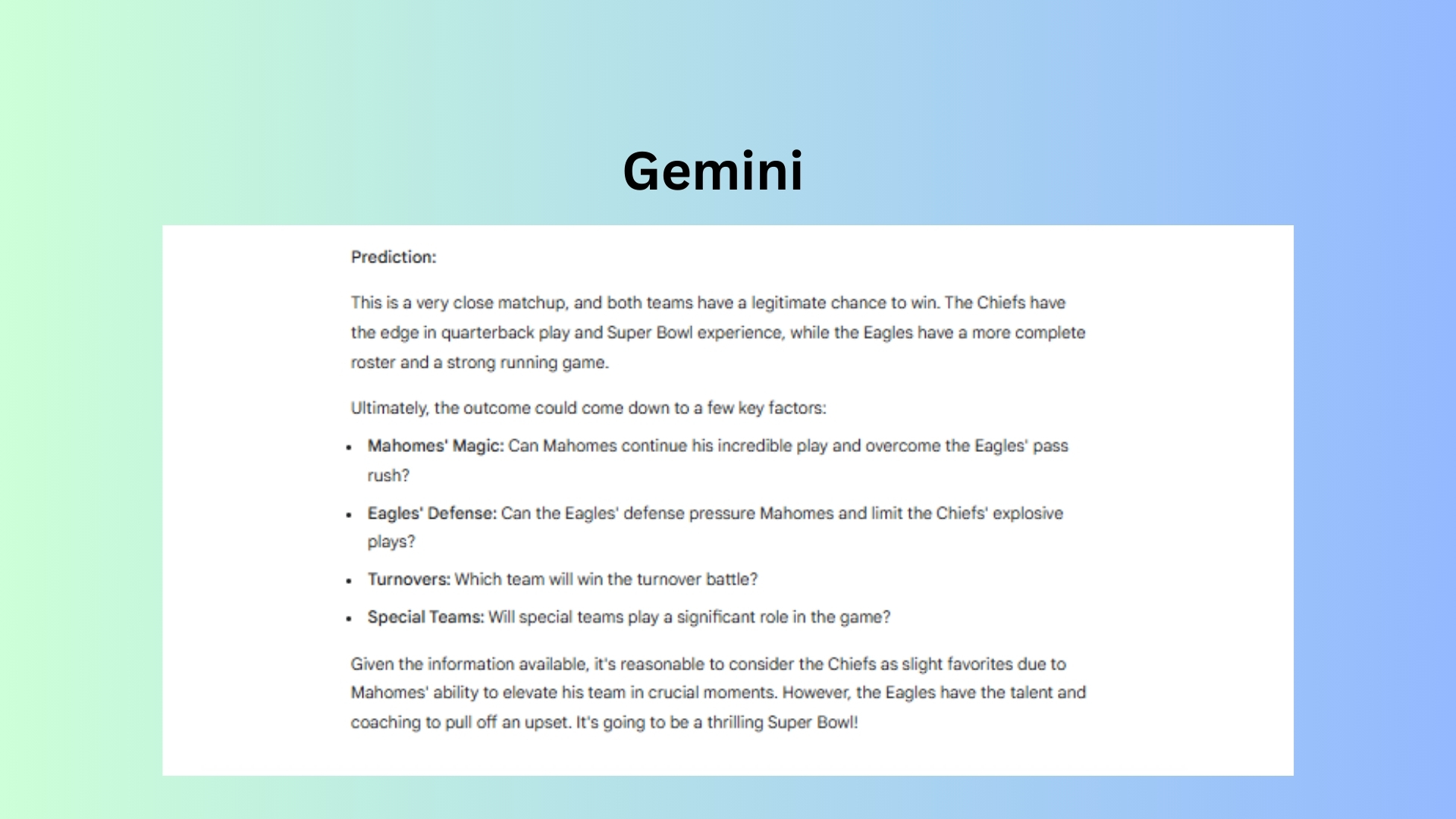 Gemini Super Bowl prediction