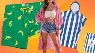 A woman in a poncho, some swim trunks, and a beach poncho on an orange background