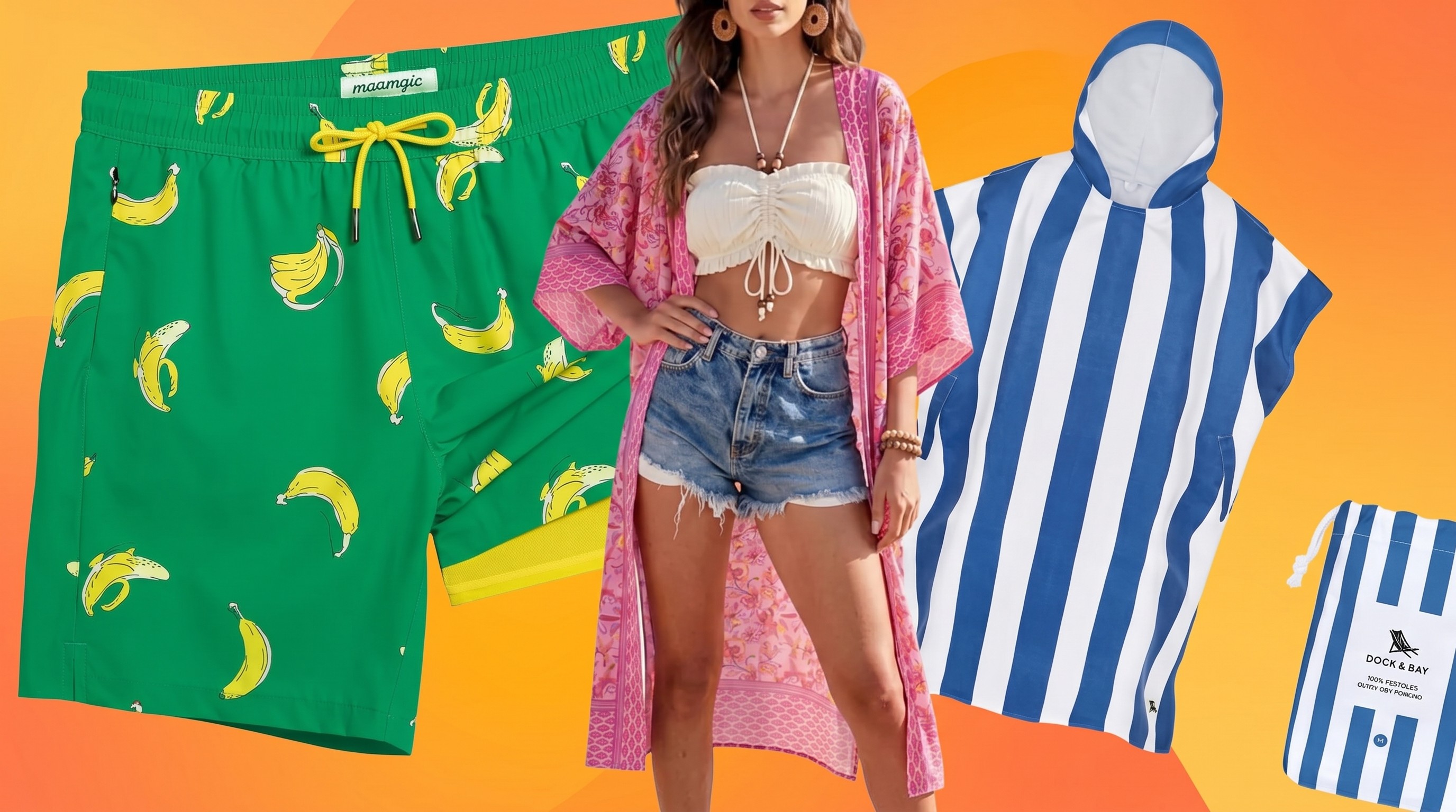 A woman in a poncho, some swim trunks, and a beach poncho on an orange background