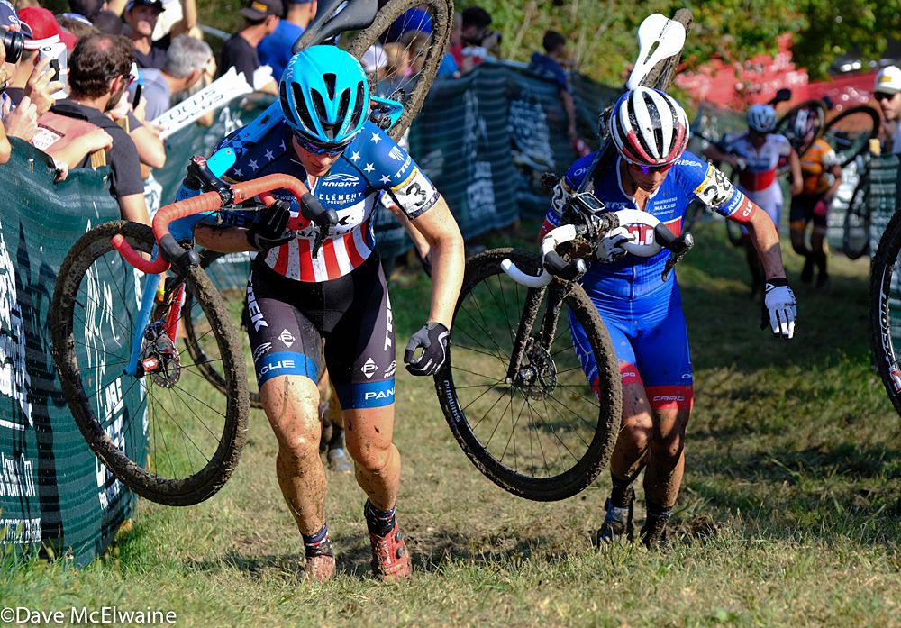 USA Champion Katie Compton leading Katerina Nash (CZE) up the long climb on Mt. Krumpit
