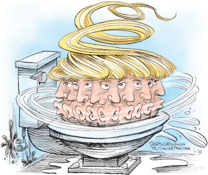 Political cartoon U.S. 2016 election Donald Trump campaign spinning toilet