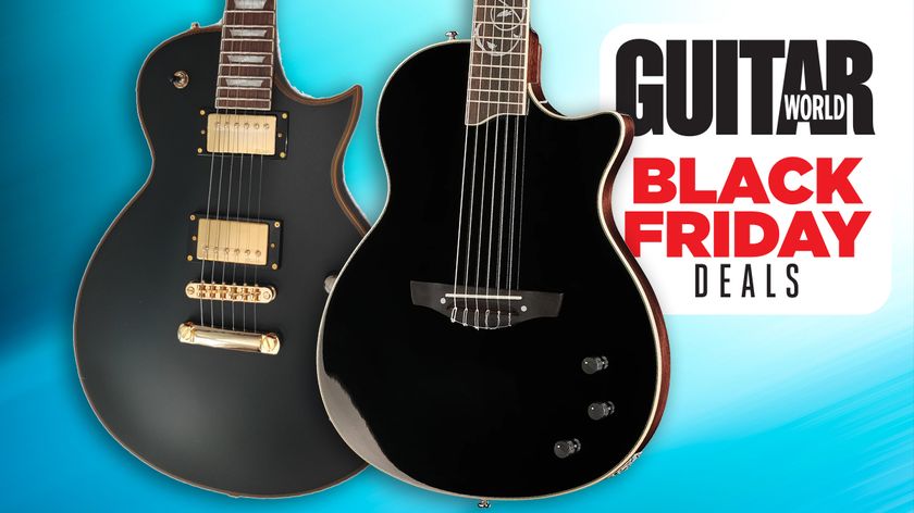 Pair of Harley Benton guitars on a blue background