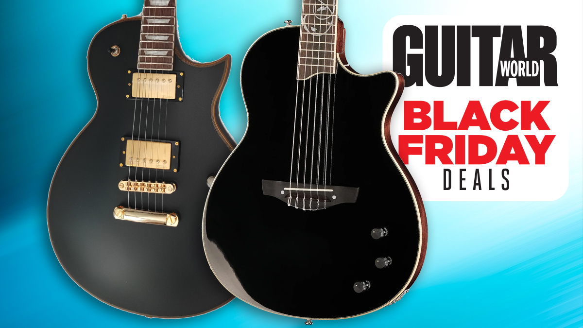 Pair of Harley Benton guitars on a blue background