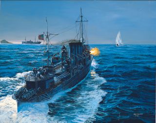 A painting of the USS Ward sinking one of the mini submarines.