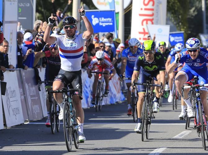 Mark Cavendish (Omega Pharma-Quickstep) celebrates his sprint victory