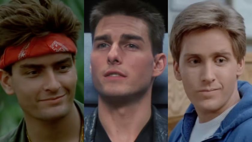 Charlie Sheen, Tom Cruise, and Emilio Estevez in a three-sided photo.