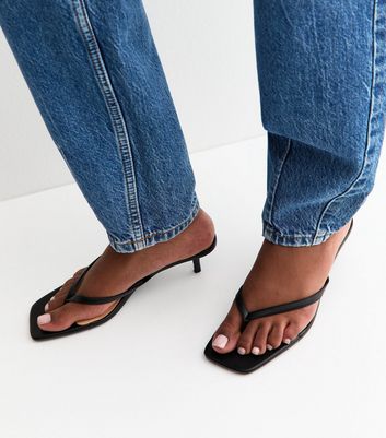 Truffle Black Faux Leather Toe Post Heeled Sandals